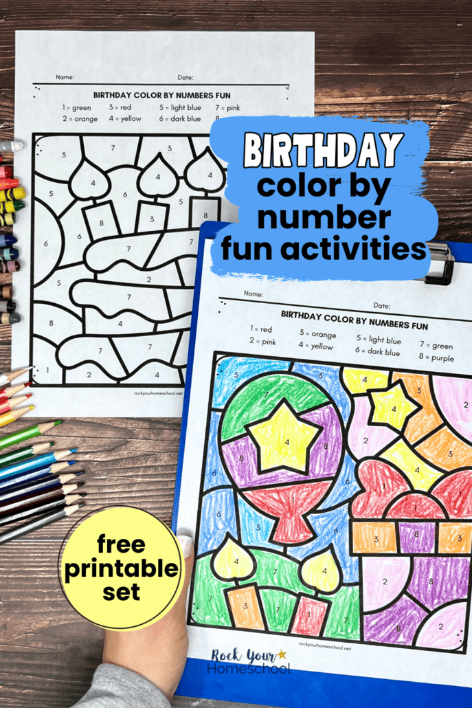 2 examples of free printable birthday color by number activities featuring cake, candles, balloon, and gift.