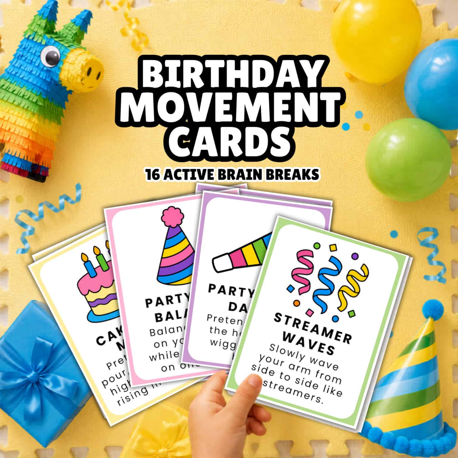 Child holding examples of birthday movement cards for kids with party hat, balloons, pinata, and gifts in background.