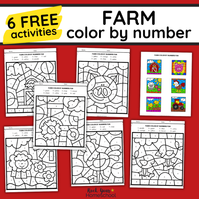 6 free farm color by number printable pages with color answer key.