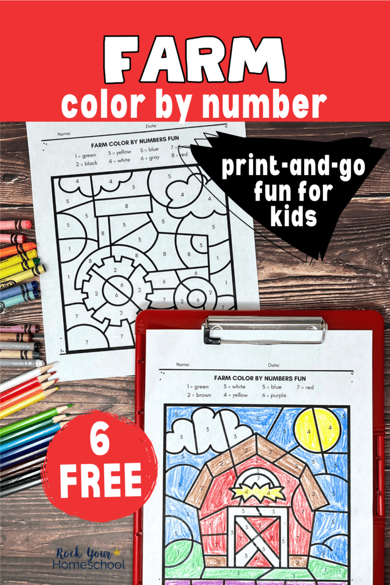 Free printable farm color by number activities on red clipboard with crayons and color pencils.