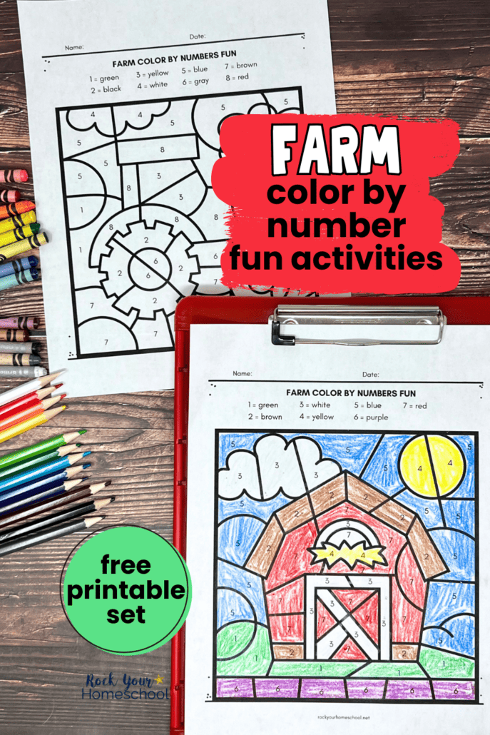 Examples of farm color by number worksheets featuring tractor and barn with crayons and color pencils.
