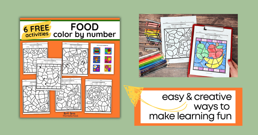 6 free printable food color by number activities with woman holding red clipboard, crayons, and color pencils.