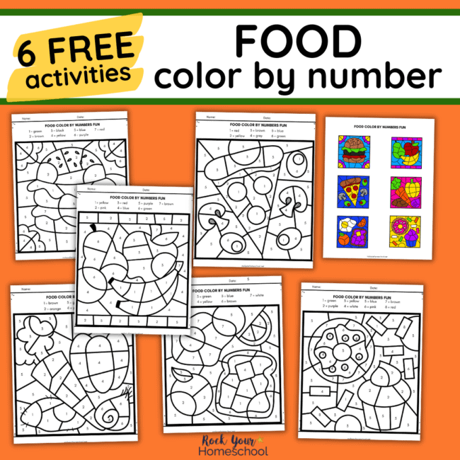 6 food color by number printables with answer key.