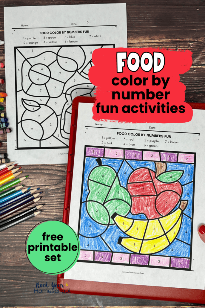 Examples of free printable food color by number activities with red clipboard, crayons, and color pencils.