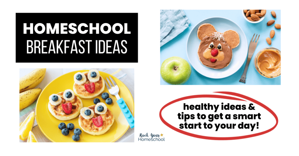 Yellow plate with cute fruit and muffins and bear-shaped pancakes with green apple and almonds to feature these healthy homeschool breakfast ideas.
