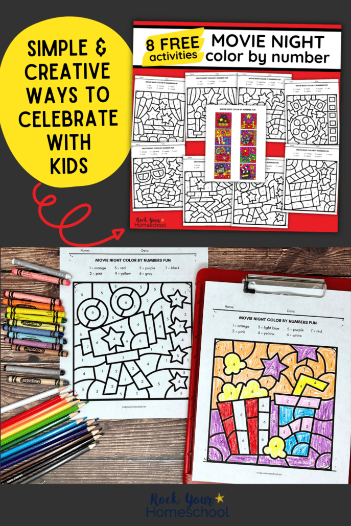Examples of free printable movie night color by number activities with crayons and color pencils.