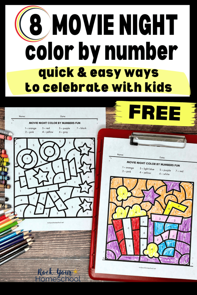 Movie night printables for color by number fun with crayons and color pencils.