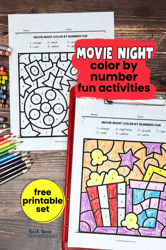 2 examples of free movie night printables with color by number activities and crayons and color pencils.