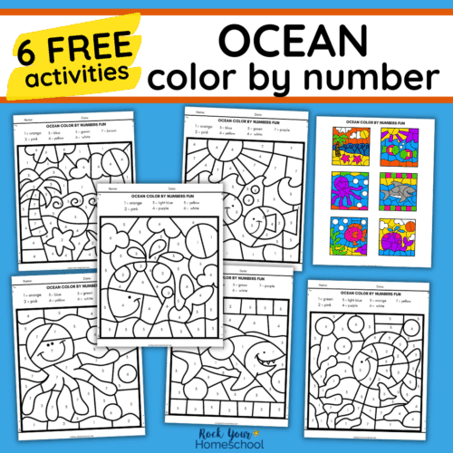 6 free printable ocean color by number pages and color answer key.