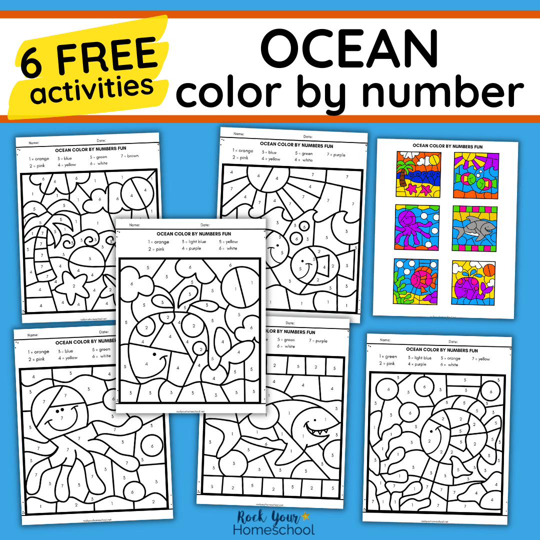 6 free printable ocean color by number pages and color answer key.