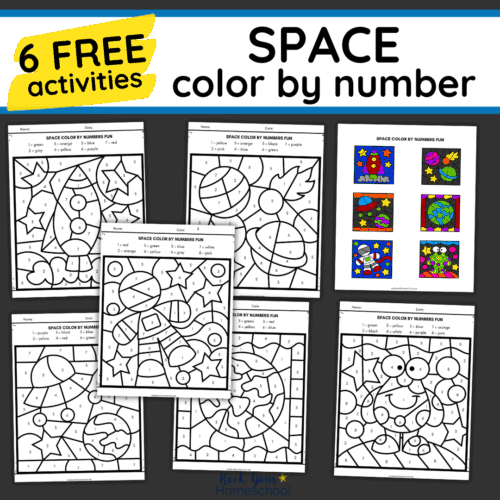 6 free printable space color by number worksheets and color answer key.