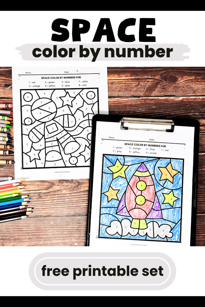 Examples of free printable space color by number activities with crayons and color pencils.