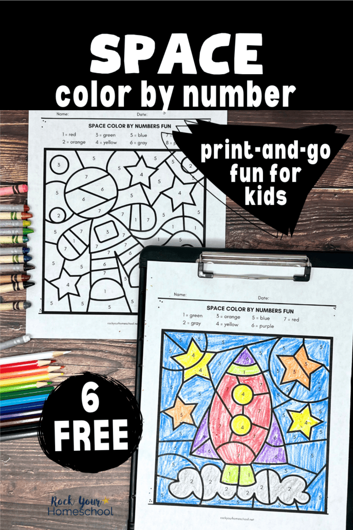 Examples of free printable space color by number worksheets featuring astronaut and rocket with stars.
