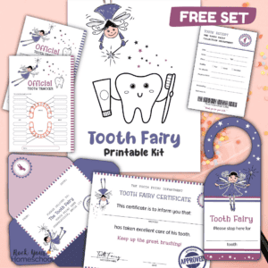 Examples of tooth fairy printables with certificate, envelope, door hanger, tooth trackers, and receipts.