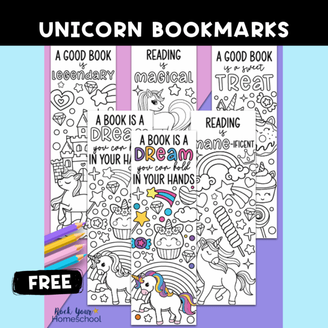 Free printable unicorn bookmarks with color pencils.