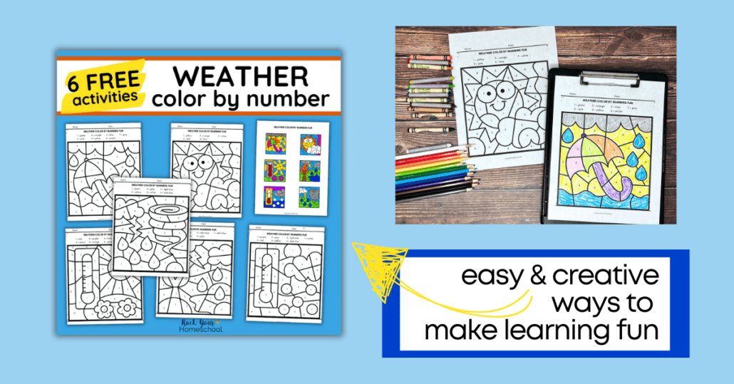 Examples of 6 free weather color by number activities.