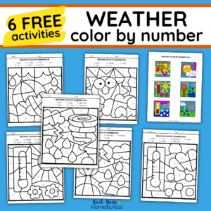 6 free printable weather color by number worksheets with color answer key.