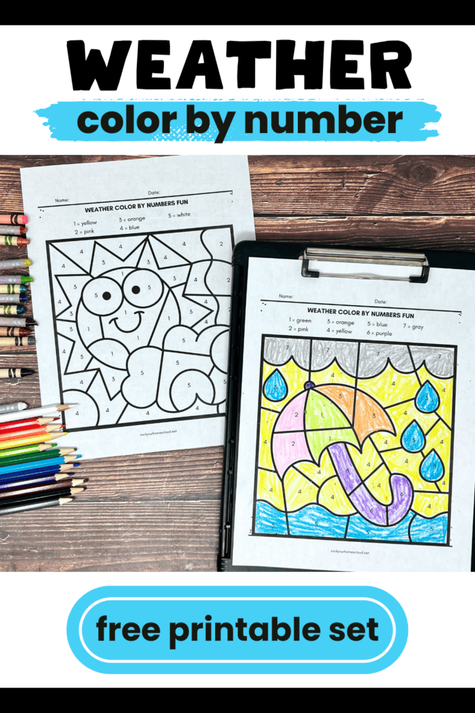 Weather color by number worksheets on black clipboard featuring umbrella, rain drops, cloud, and sun with crayons and color pencils.
