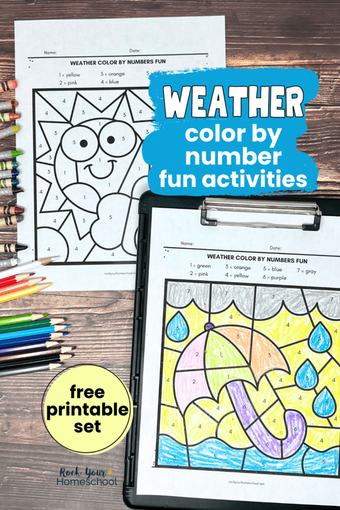 Weather color by number worksheets on black clipboard featuring umbrella, sun, and rain drops.
