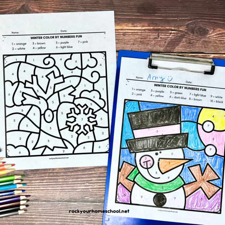 Examples of free printable winter color by number printable featuring tree and happy snowman with crayons and color pencils.