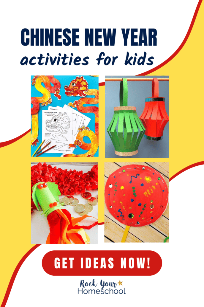 Examples of Chinese New Year activities for kids including coloring pages, paper lanterns, dragon party blower, and paper noise maker.