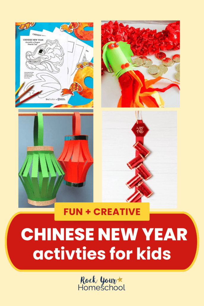 Examples of Chinese New Year activities for kids like dragon coloring pages, paper dragon party blower, paper lanterns, and other crafts.