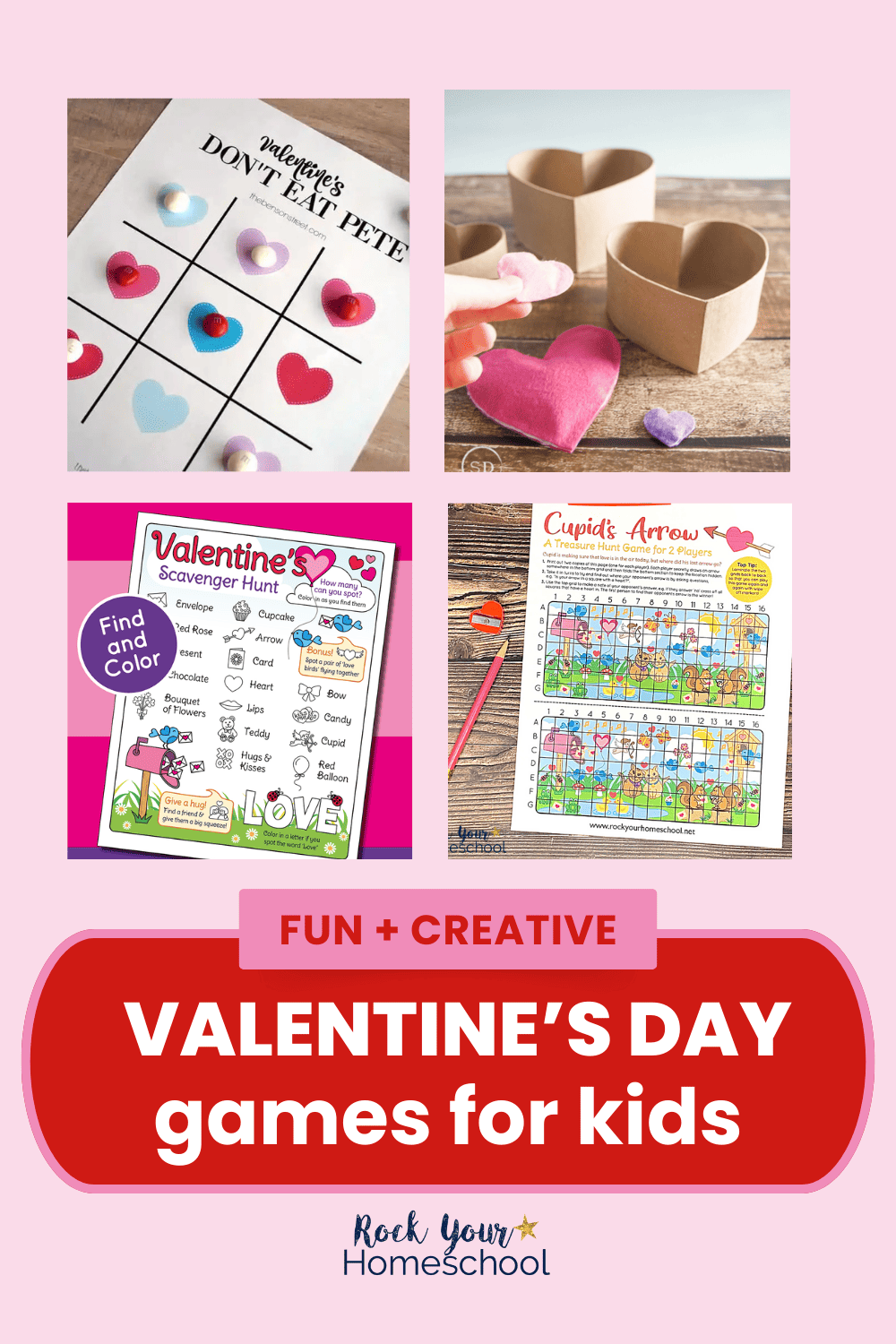 Examples of Valentine's Day games for kids like Don't Eat Pete, heart toss, Valentine's Day scavenger hunt, and treasure hunt.