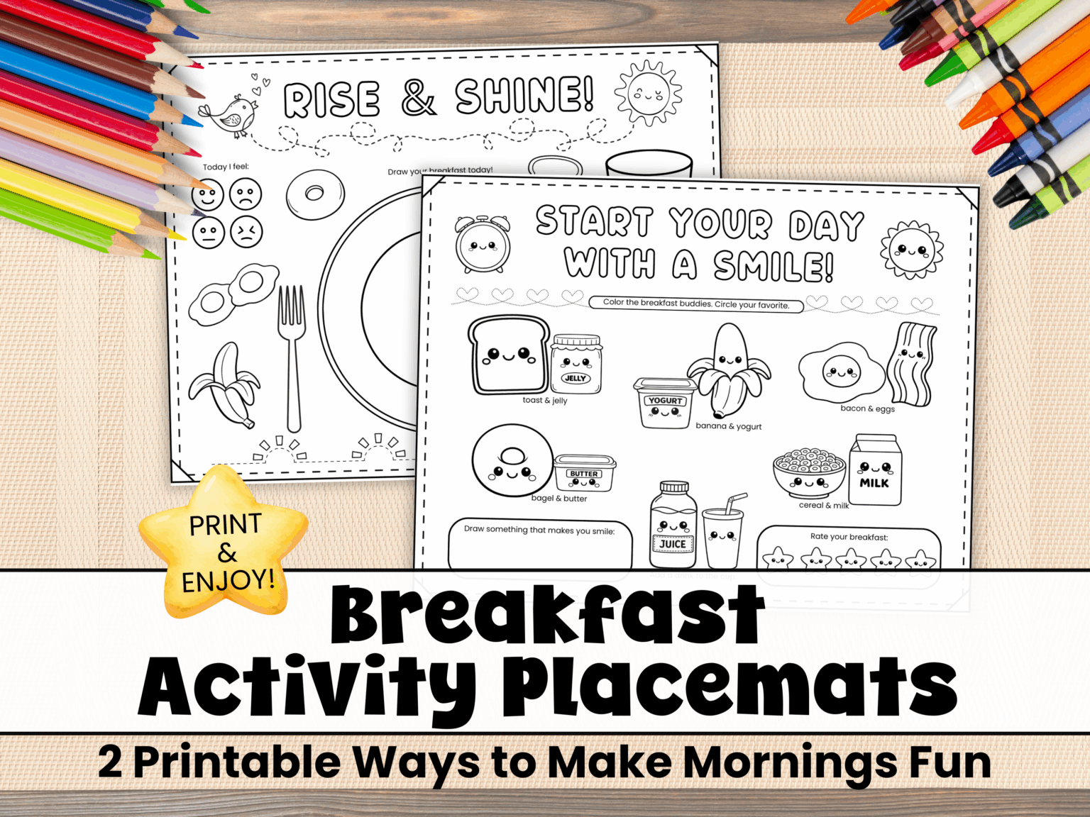 Two examples of printable breakfast activity placemats for kids.
