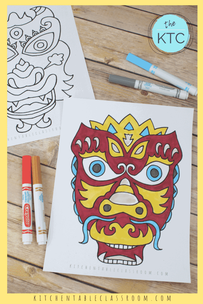 Examples of Chinese dragon masks to color by The Kitchen Table Classroom.