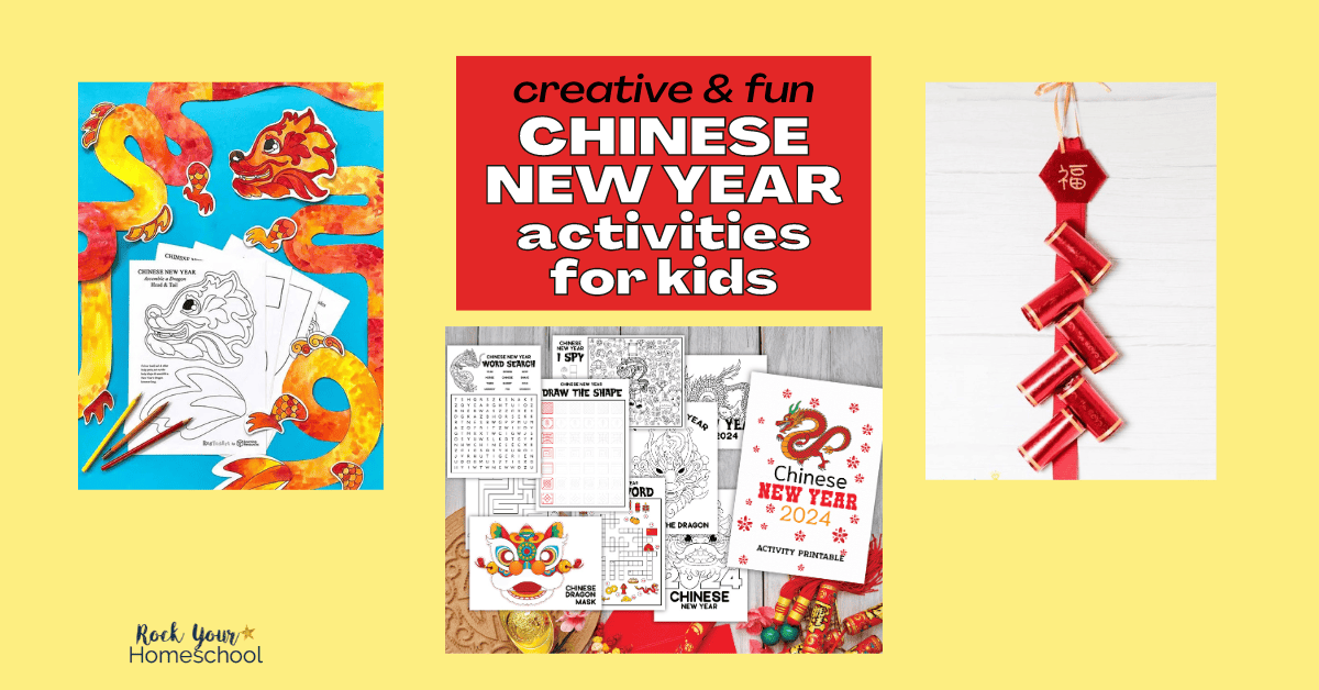 Examples of Chinese New Year activities for kids including coloring pages, activity pack, and craft.
