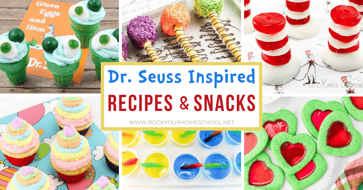 Examples of Dr. Seuss recipes like Green Eggs and Ham cupcakes, Truffula Trees pretzel rods, Dr. Seuss snacks, Oh The Places You'll Go cupcakes, One fish two fish jello cups, and Grinch windowpane cookies.