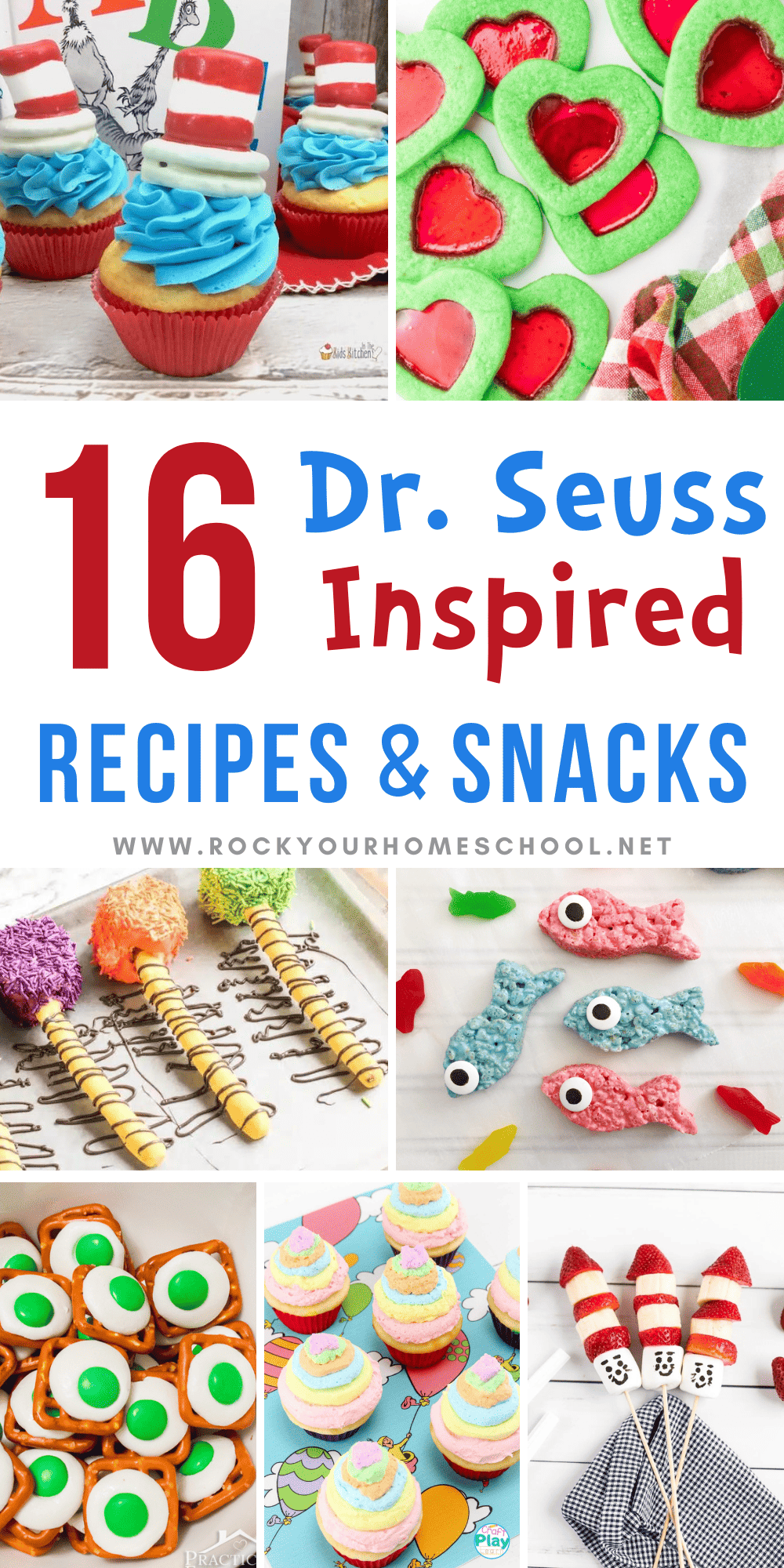 Examples of Dr. Seuss recipes like Cat in the Hat cupcakes, Grinch windowpane cookies, Truffula Trees pretzel rods, One fish two fish rice krispie treats, Green Eggs and Ham pretzel bits, Oh The Places You'll Go cupcakes, and Cat in the Hat fruit kabobs.
