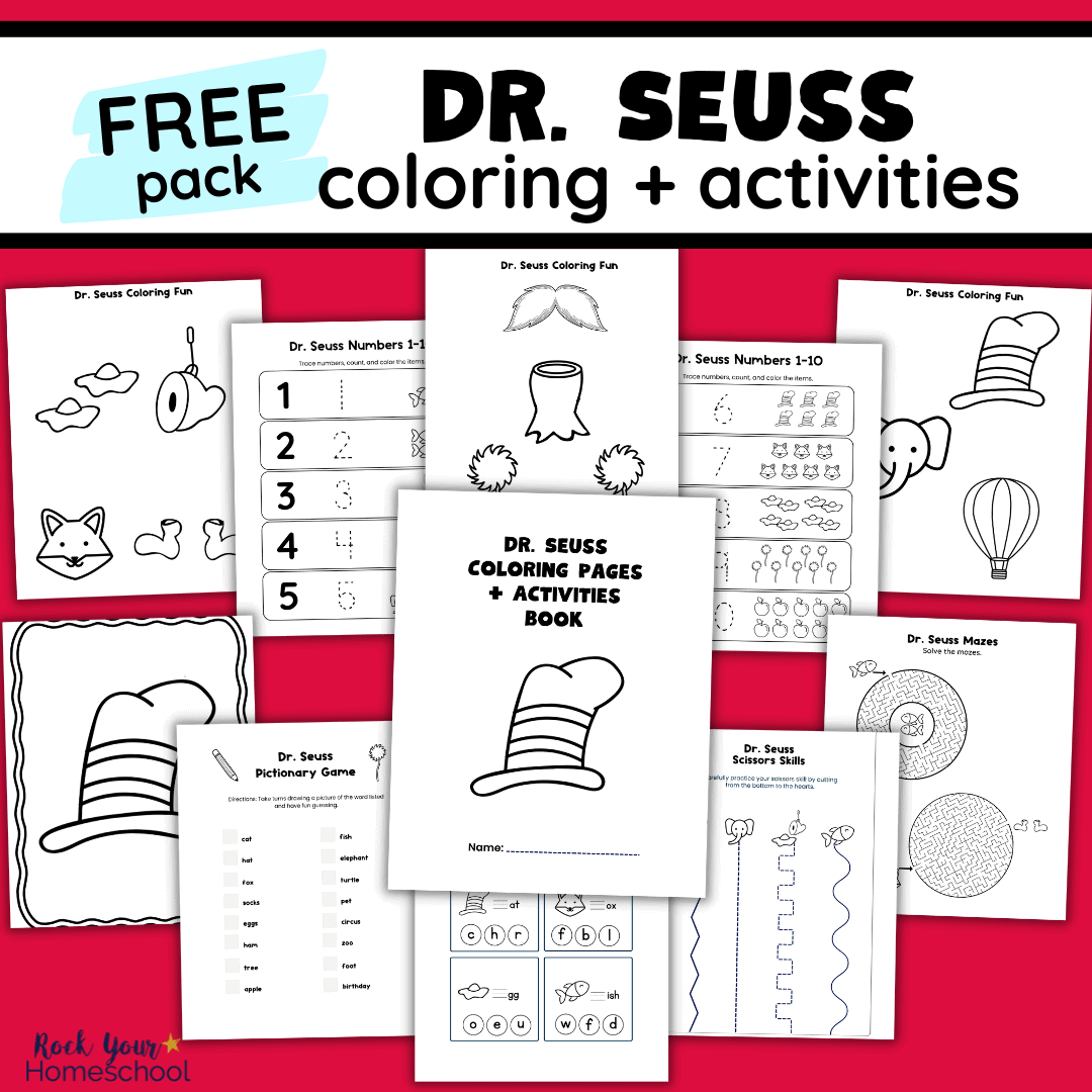 10 free printable Dr. Seuss coloring pages and activities with cover.