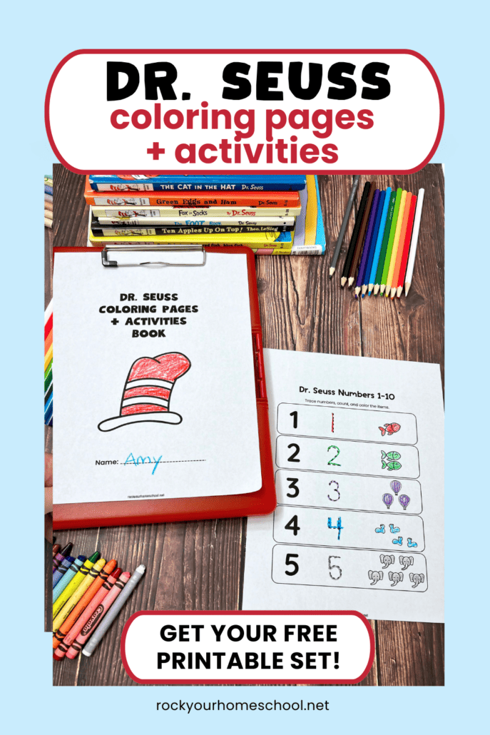 Examples of free printable Dr. Seuss coloring pages and activities with color pencils, crayons, and Dr. Seuss books.