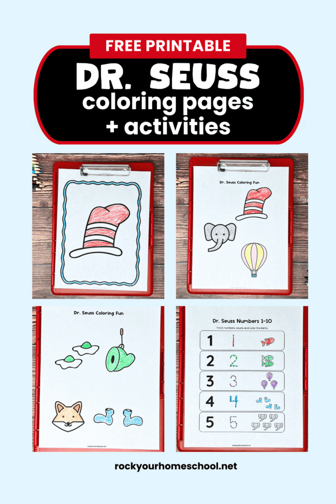 4 examples of free printable Dr. Seuss coloring pages and activities featuring The Cat in the Hat's hat, elephant, hot air balloon, Green Eggs and Ham, Fox in Socks, and fun with numbers.