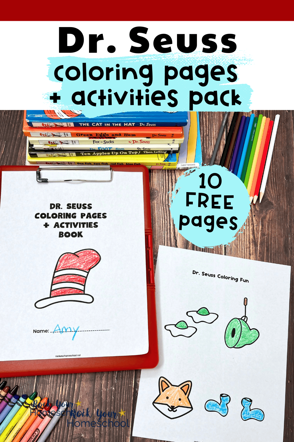 Dr. Seuss coloring pages and activities pack cover with example of coloring page with Green Eggs and Ham and Fox in Socks with crayons, color pencils, and Dr. Seuss books.