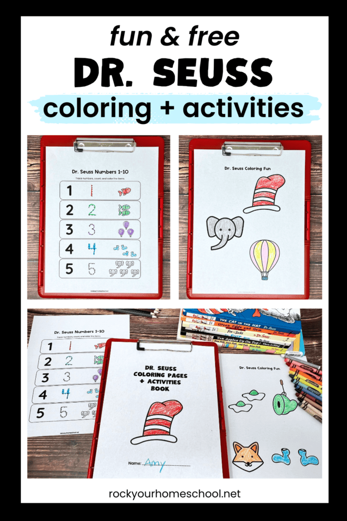 Examples of free printable set of Dr. Seuss coloring pages and activities for kids.