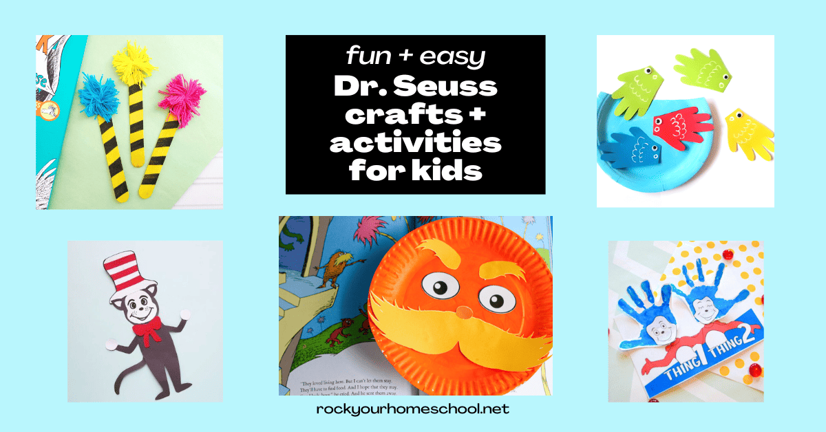 Variety of Dr. Seuss craft ideas and activities like popsicle stick Truffula trees, The Cat in the Hat paper craft, The Lorax paper plate craft, Thing 1 and Thing 2 handprint craft, and One Fish Two Fish handprint craft.