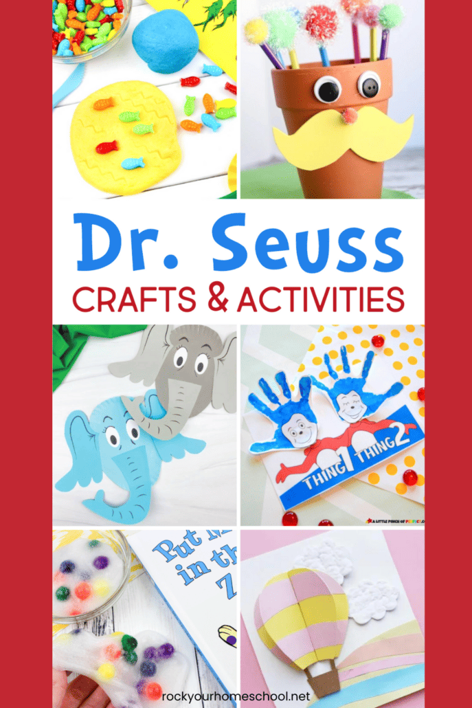 Examples of Dr. Seuss craft ideas and activities like One Fish Two Fish edible playdough activity, The Lorax claypot pencil holder, Horton the elephant paper crafts, Thing 1 and Thing 2 handprint art, zoo slime, and Oh The Places You'll Go card.