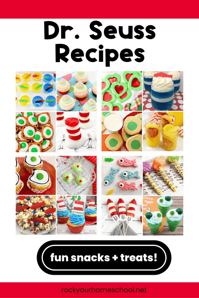 Examples of Dr. Seuss recipes like One fish jello cups, Oh The Places You'll Go cupcakes, Grinch windowpane cookies, Cat in the Hat snacks, Green Eggs and Ham pretzel bites, One fish rice krispie treats, and more.