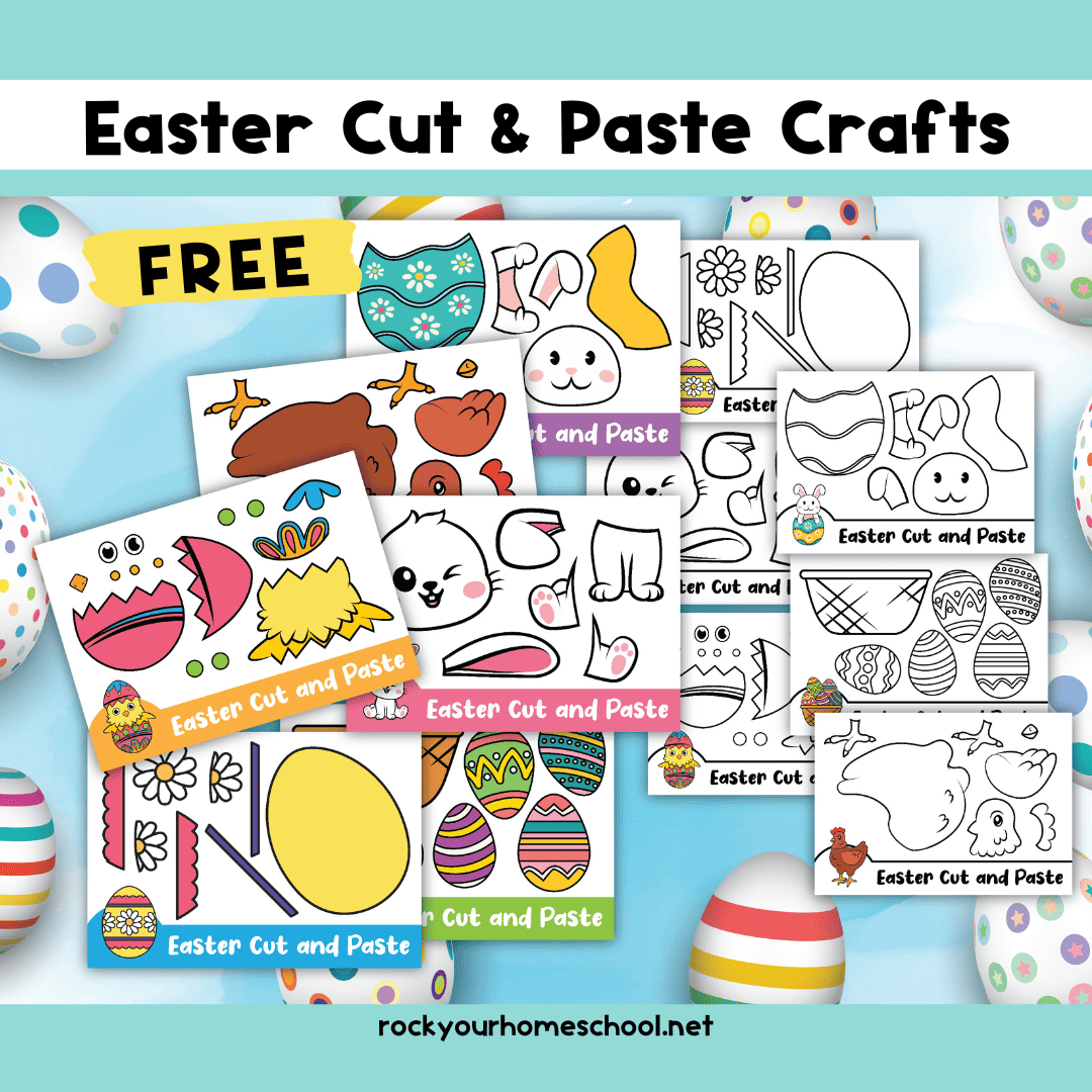 Examples of free printable Easter crafts featuring eggs, bunny, chick, and basket.