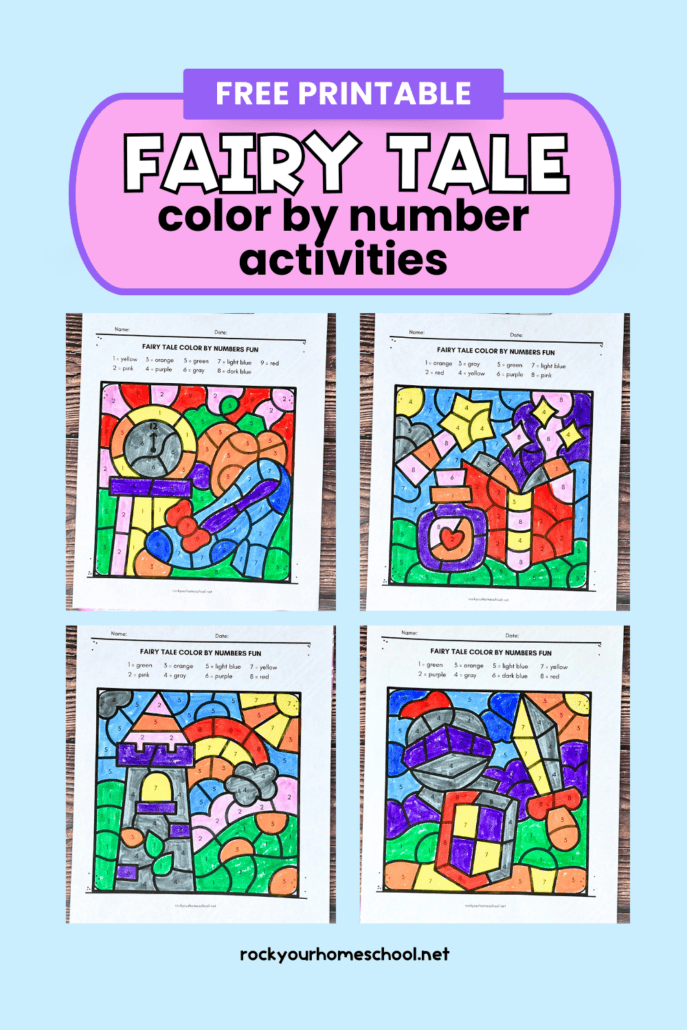 Four examples of completed free printable fairy tale color by number pages for kids featuring clock with shoe, book with magic wand, tower, and knight in shining armor.