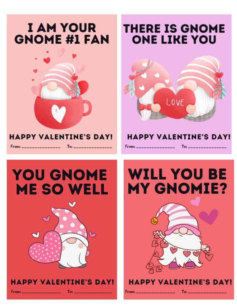 Examples of free printable cute gnome Valentines cards.