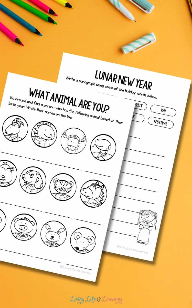 Examples of Lunar New Year worksheets by Living Life & Learning.