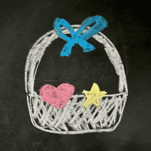 Black chalkboard with chalk basket with bow, heart, and star.