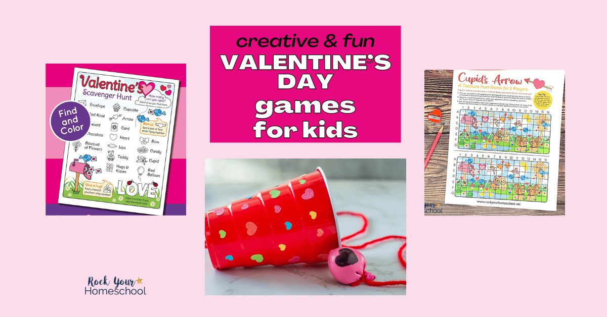 Valentine's Day games for kids like Valentine's Day scavenger hunt, treasure hunt, and heart cup toss game.