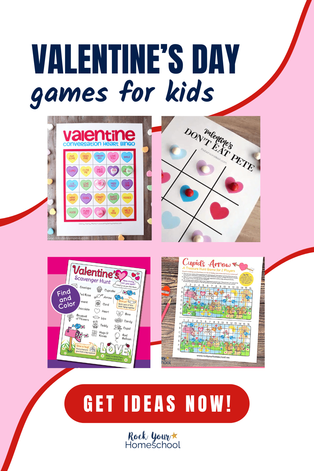 Examples of Valentine's Day games for kids like Valentine conversation heart bingo game, Don't Eat Pete, Valentine's scavenger hunt, and treasure hunt game.