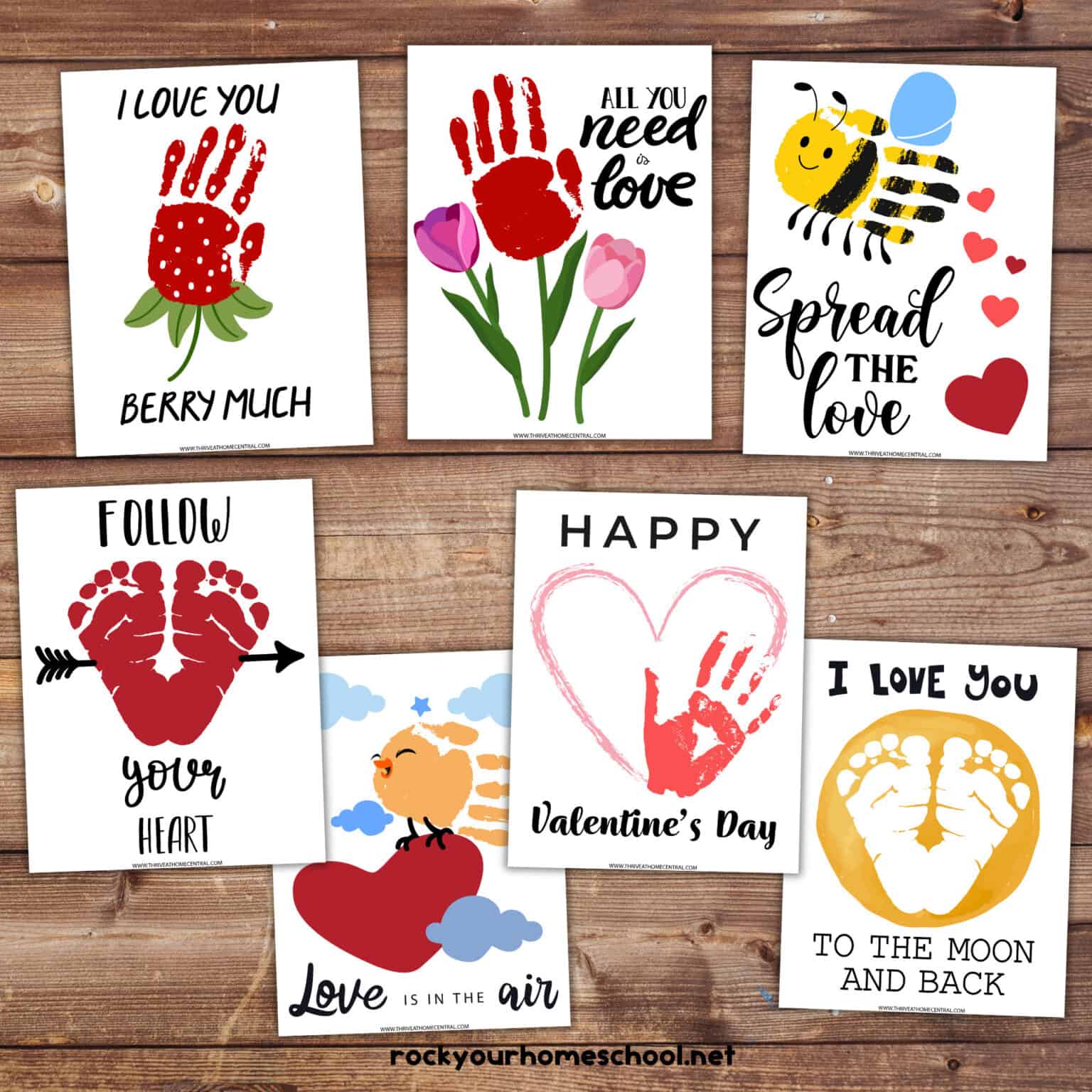 Seven examples of Valentine's Day handprint and footprint art activities for kids.