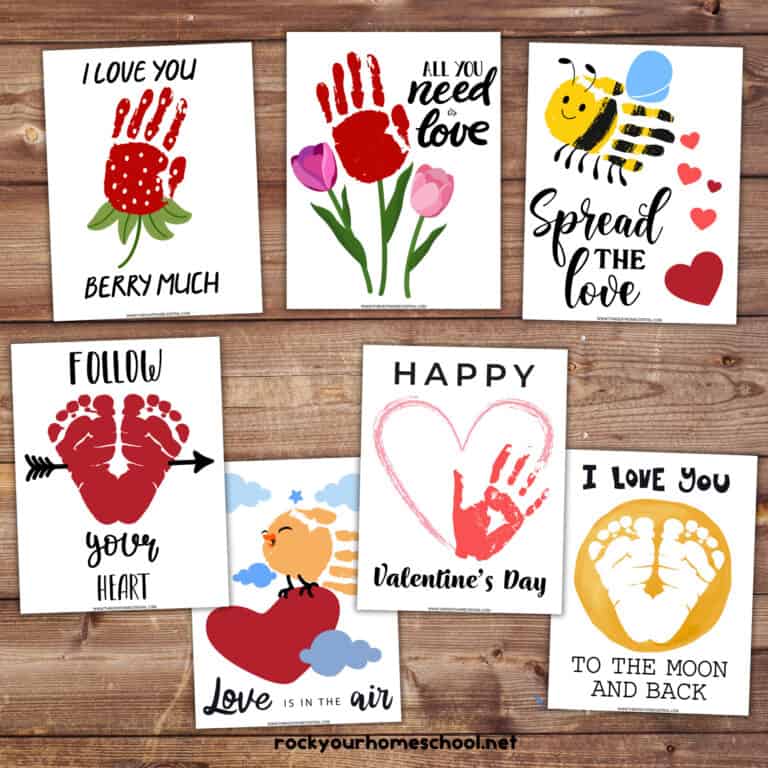 Seven examples of Valentine's Day handprint and footprint art activities for kids.