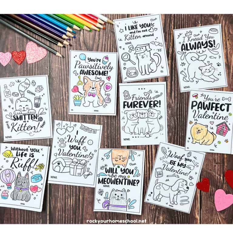 Pet Valentine's Day cards for coloring fun for kids with pink and red glitter hearts.